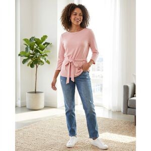 Halogen Pink Knit Top Side Tie at Waist Medium Cozy Soft Pastel